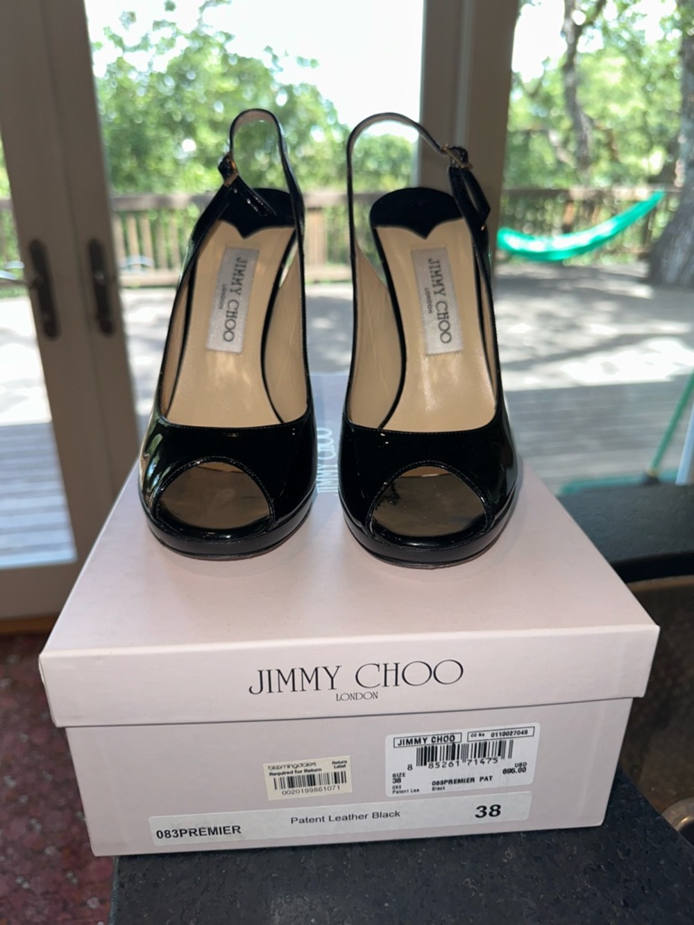 Jimmy Choo Black Patent Leather Peep-Toe Slingback Heels